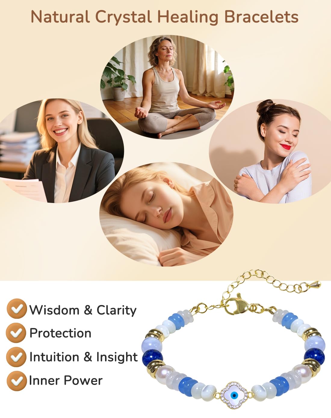 YEETONDA Evil Eye Four Leaf Clover Natural Gemstone Rainbow Bracelets Jewelry 16th 21st 30th 40th 50th 60th 70th 80th Birthday Gifts For Women Mom Sister Friend Daughter Niece(Lapis Lazuli)