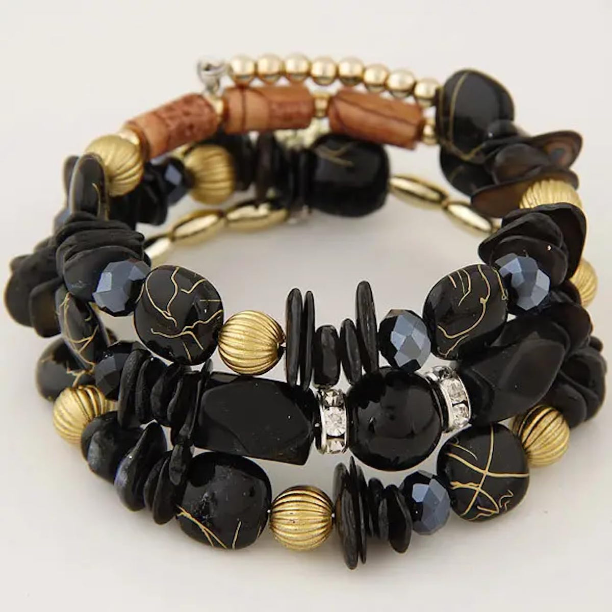 Jewellify Women Retro Crushed Natural Stone Bracelet Multi-Layer Winding Shell Beaded Bracelets (Black)