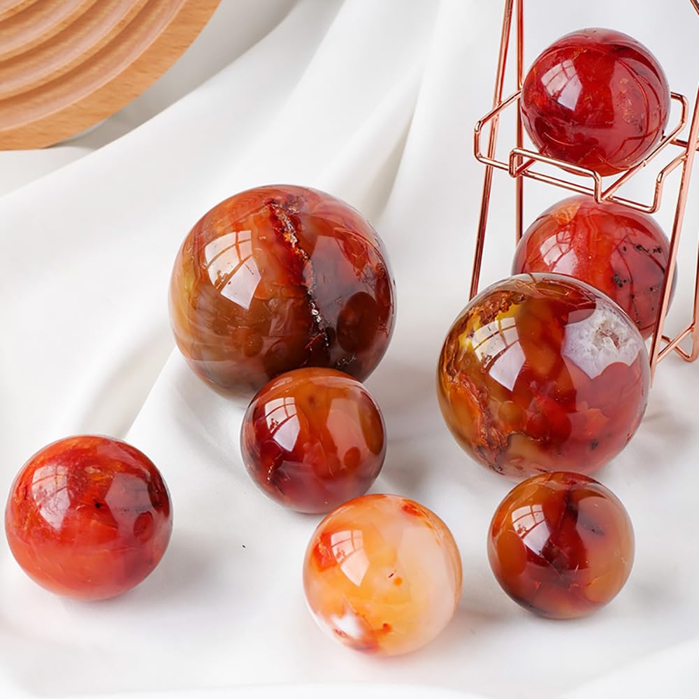 JIC Gem 2.7-3.1 inch(70-80mm) Large Red Agate Crystal Ball Round Healing Crystals Decorative Sphere with Wooden Stand Meditation Witchcraft Home Decor
