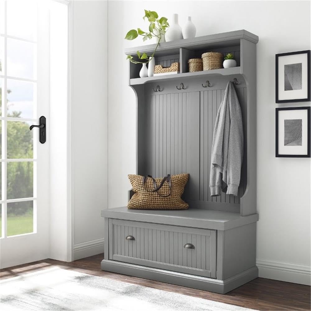 BOWERY HILL Coastal Wood Hall Tree, Distressed Navy Finish, 64.5" H x 40" W x 18.5" D, Solid Poplar Wood and Particle Board, Bench Seat, 4-Hook Coat Rack, Storage Shelves, Entryway Furniture