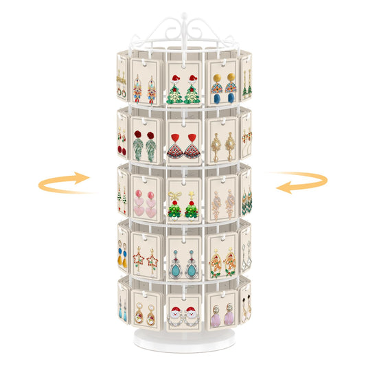EsLuker.ly Earring Holder Organizer Rotating Display Tree Stand, Adjustable Height Earring Card Hanger Rack with 50 Hooks for Vendors Market Selling, 5 Tier Metal Jewelry Storage Tower, White
