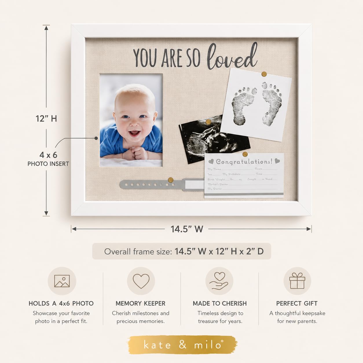 Kate & Milo You Are So Loved Collage Frame, Newborn Keepsake Box, Baby Memento, Nursery Decor, Handprint and Footprint Ink Pad Included, Linen Mat, White