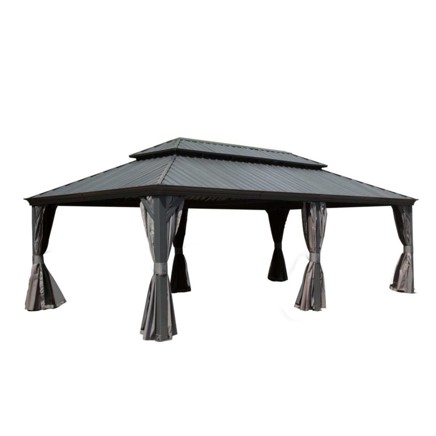 GOWE 14x24FT Hardtop Gazebo, Outdoor Gazebo with Galvanized Steel Double Roof, Aluminum Frame, Built-in Gutter System, Curtain and Netting, Metal Gazebo Pavilion for Patio Deck Garden, Grey
