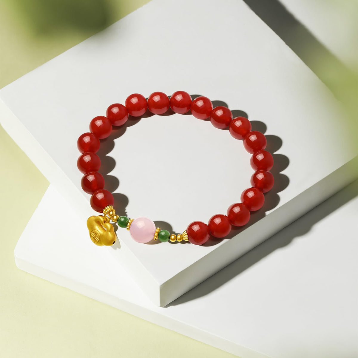 ZHOU LIU FU Agate Bracelet Beaded Stretch Bracelets with Good Lock Charm Silver Natural Gemstone Healing Bracelet Red Agate & Pink Agate Accessory for Women