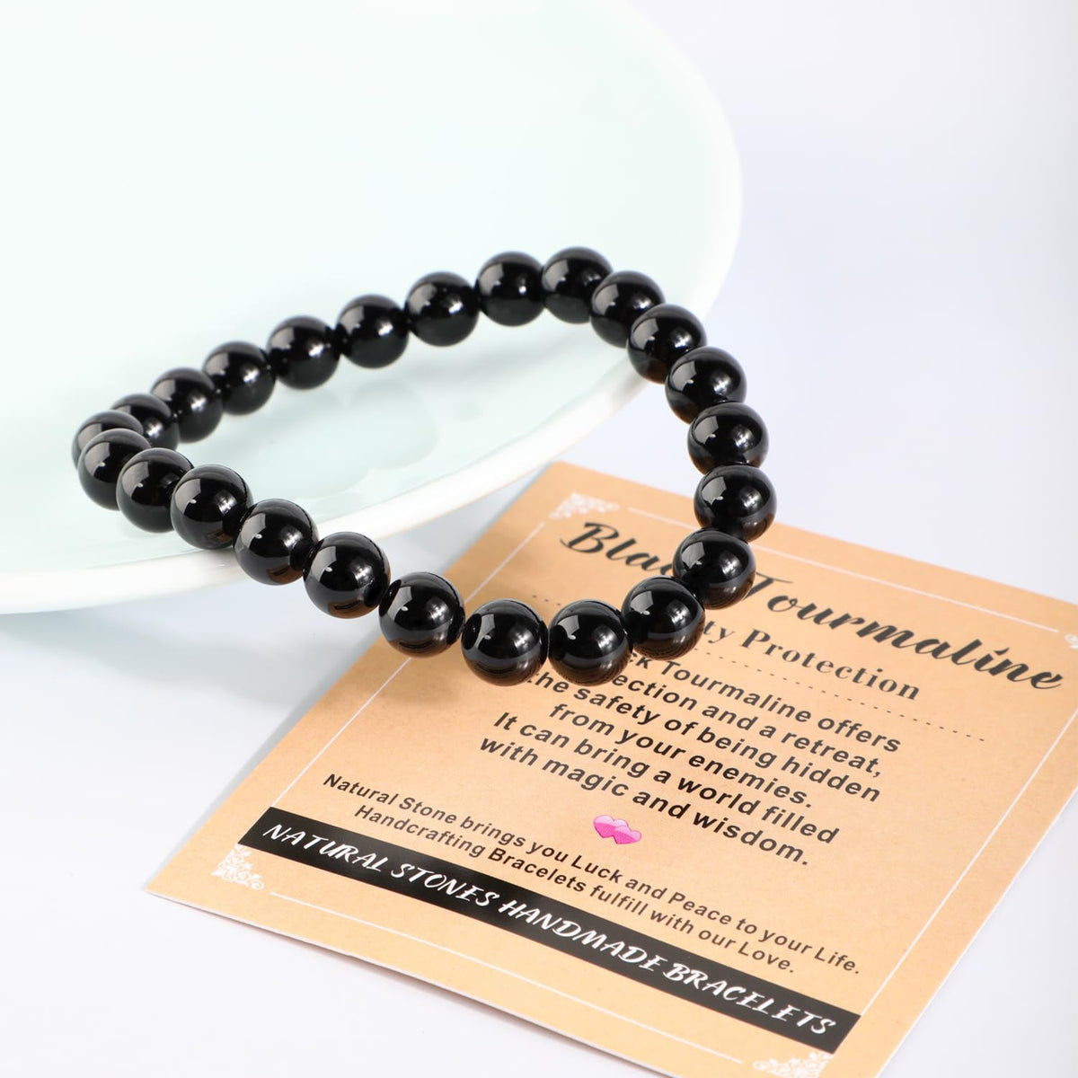 AD Beads 10mm Handmade Black Tourmaline Elastic Bracelet – Natural Gemstone for Safety Protection – Meditation, Yoga, Healing and Energy Gift for Men Women