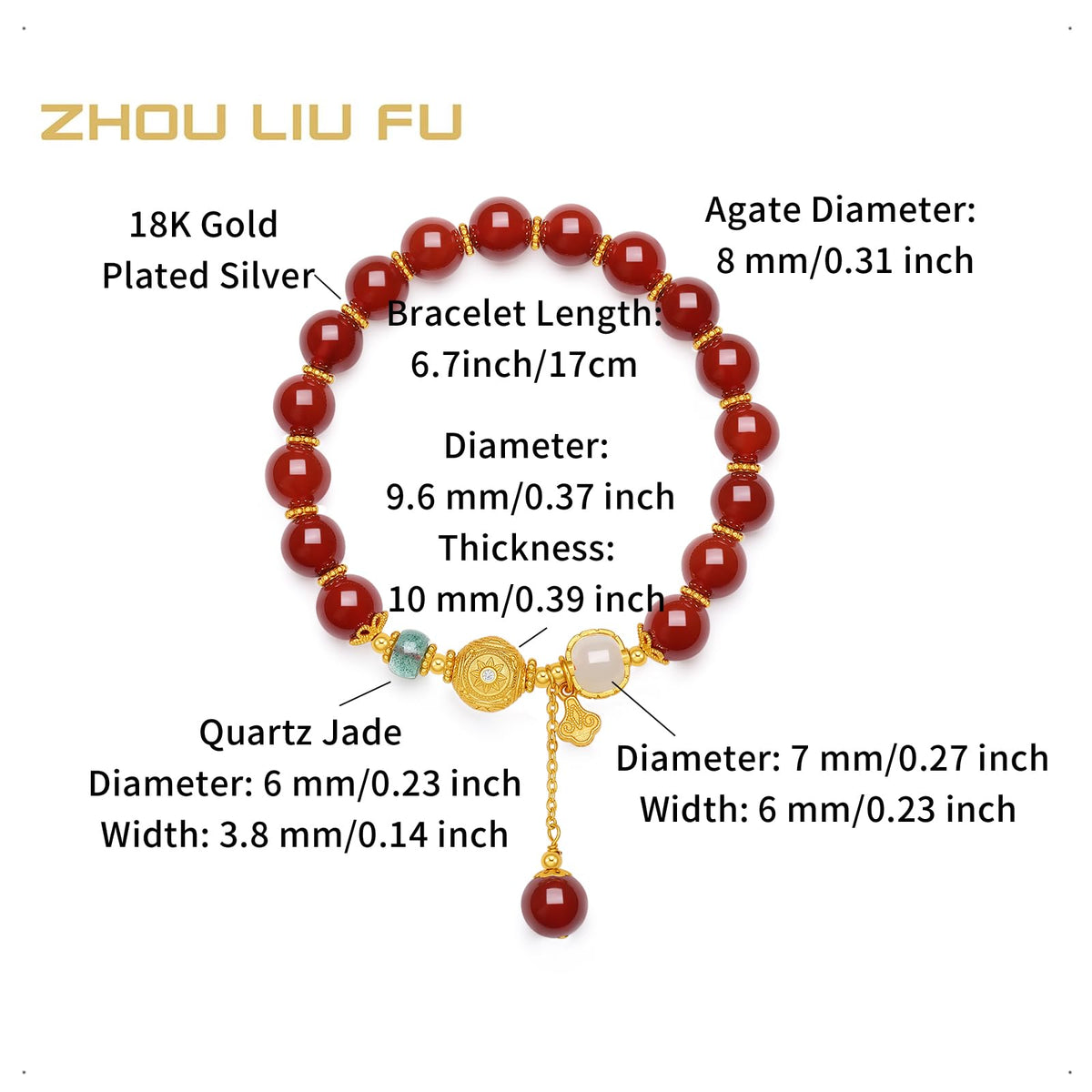 ZHOU LIU FU Sterling Silver Bracelets Silver Red Agate Elephant Pendant Beaded Stretch Bracelet Blessing Silver FengShui Ball Charm Jewelry for Women Her Anniversary Birthday 6.7"/17CM J1916278