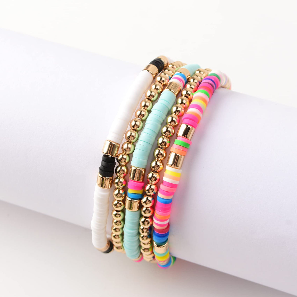 GOOJIDS Surfer Heishi Clay Bead Bracelets for Women Bohemian Stackable Gold Plated Beaded Stretch Bracelets Elastic Layering Friendship Bracelets Set Boho Jewelry