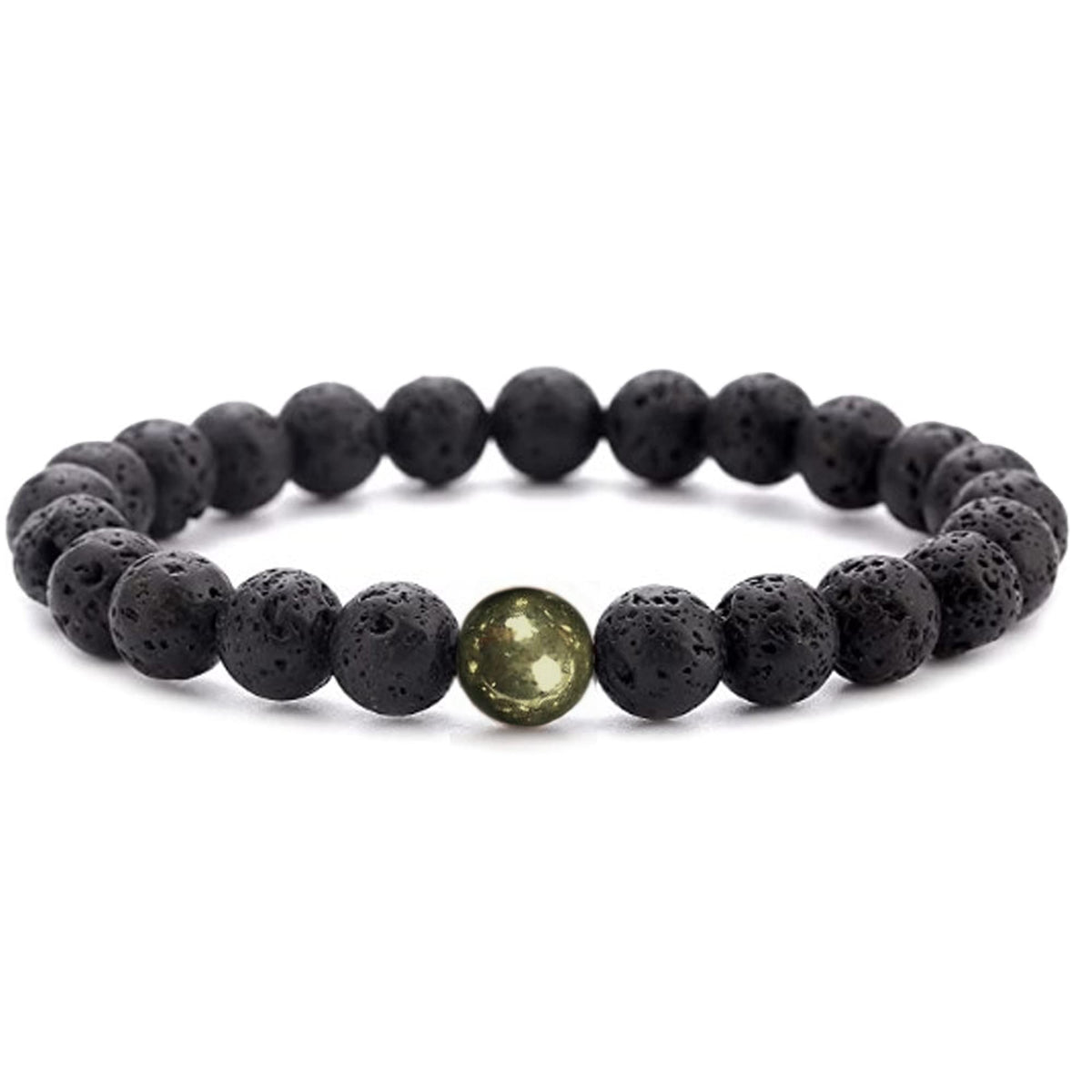 WFJ Black Lava Rock Pyrite Beads Natural Stone Bracelets Set of 2 Healing Crystal Energy Activation Chakra Reiki Elastic Stretcht Diffuser Yoga 8mm