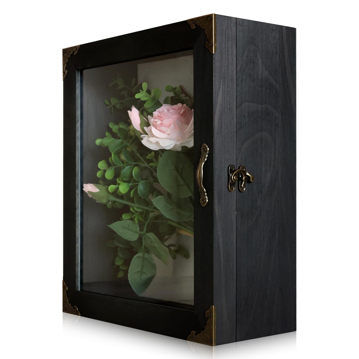 KAASTHAA Shadow Box Frame 11x13, Depth 5in Shadow Boxes Display Cases, Acrylic Door, Rustic Burnt Wood, Vintage Metal Accents, Hinged Door, Metal Handle and Latch, Linen Back
