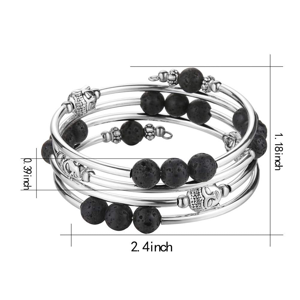 PEARL&CLUB Beaded Chakra Bangle Turquoise Bracelet - Fashion Jewelry Wrap Bracelet with Thick Silver Metal and Mala Beads, Birthday Gifts For Women(58-lava bead)