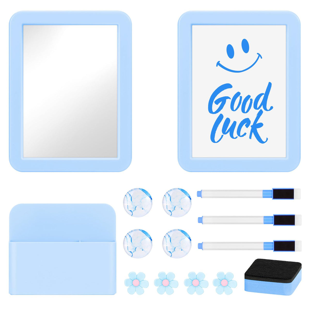MoKo Locker Accessories Set, 15PCS Back to School Supplies Includes Magnetic Mirror, Whiteboard, Markers, Pen Holder, Magnets, Locker Organizer for School Office (Blue)