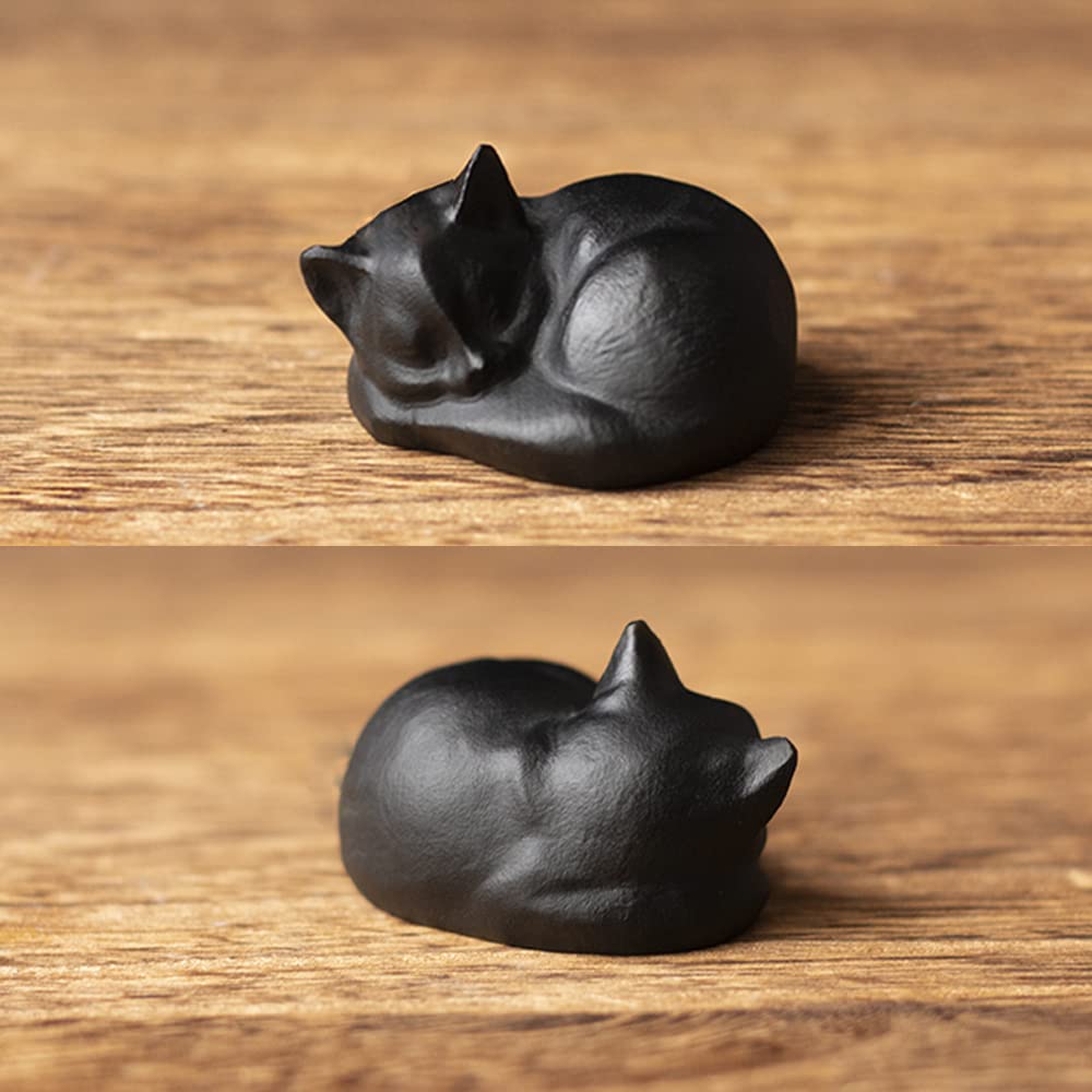 OwMell Tiny Sleeping Cat Statue Hand-Carved Healing Stone Gemstone Little Kitten Statue Figurine 2" - Black Obsidian