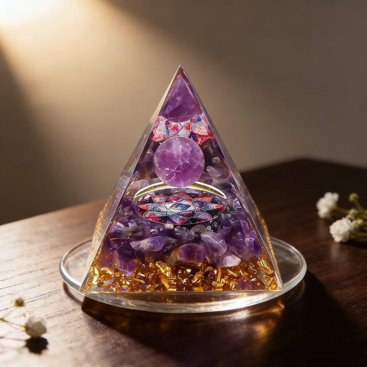 ycyingcheng Moonstone Crystal Orgone Pyramid Ogan Crystal Energy Tower, Nature Reiki Chakra Crushed Stone Jewelry, Crystal Pyramid for Home Decor (Amethyst)