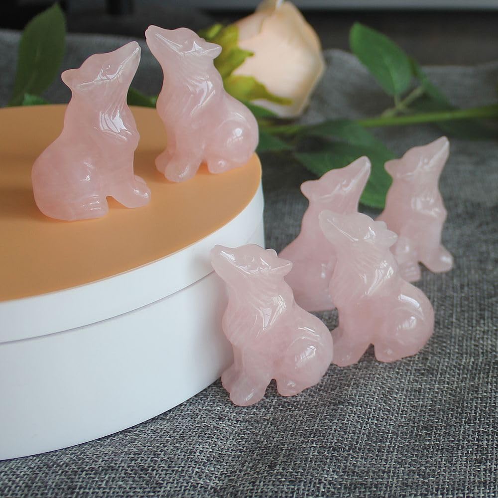 HLbshi Hand Carved Gemstone Crystal Wolf Figurine Animal Statue Carving Office Home Decor Collections 2'' (Pink Rose Quartz)