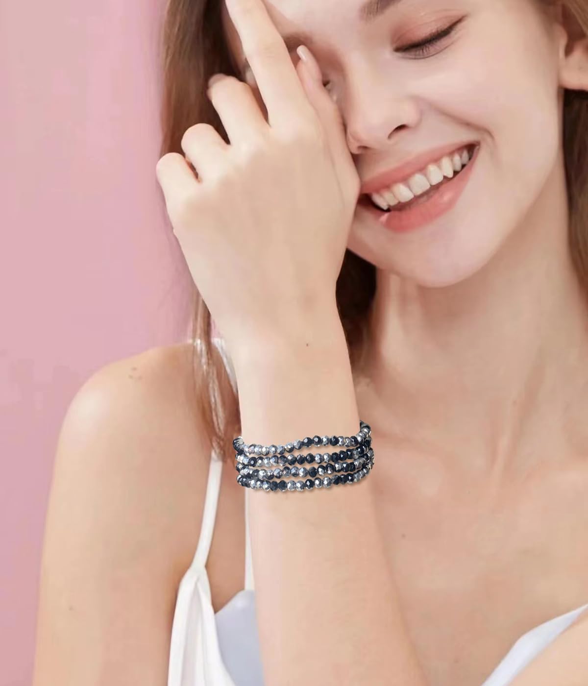 Noessla Beaded Boho Stretch Bracelet Colorful Stackable Crystal Beads Bracelets Trendy Costume Jewelry Mothers Day Gifts for Women(Black and Silver)