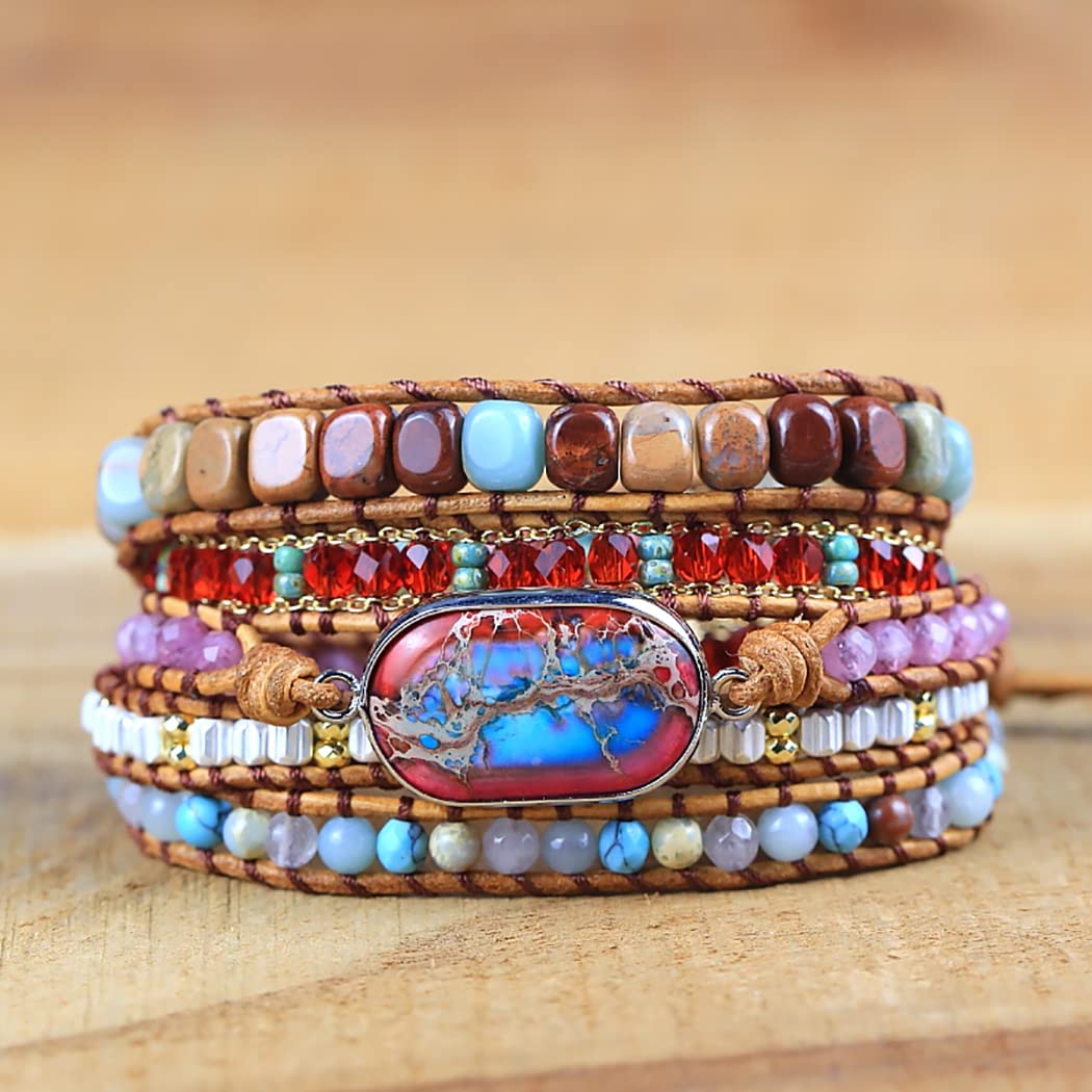 ZOSOJONA Women Wrap Bracelet Boho Natural Jasper Crystal Stone Beads Strand Bracelets (Emperor Stone)
