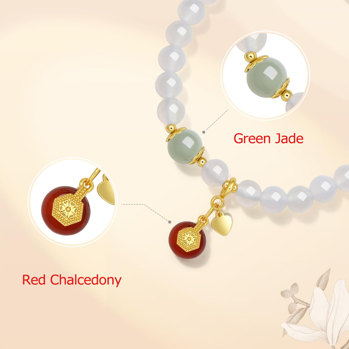 ZHOU LIU FU Bracelet for Women Green White Gemstone Red Chalcedony Stone Beaded Stretch Bracelets Lucky Accessory