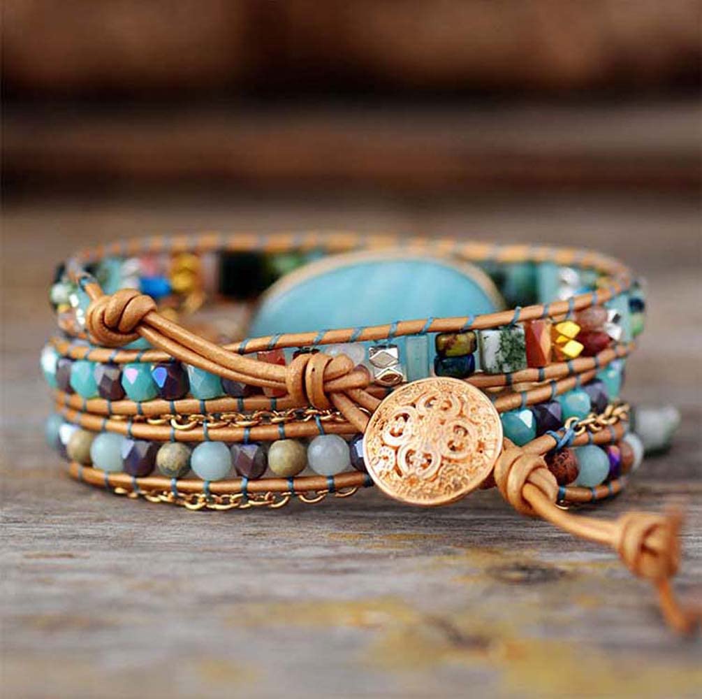 ZOSOJONA Women Wrap Bracelet Boho Natural Jasper Crystal Stone Beads Strand Bracelets (Amazonite)