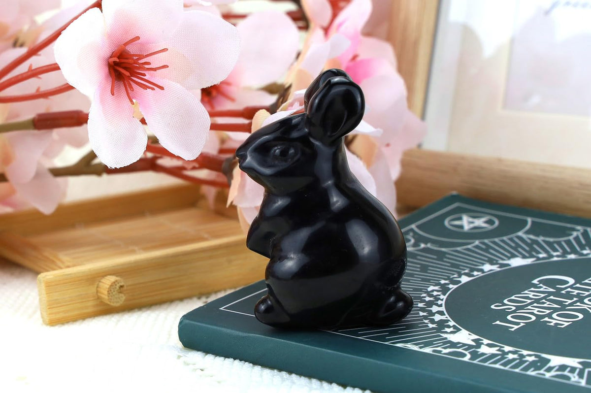 QINJIEJIE 2" Bunny Decor Easter Rabbit Decor Black Obsidian Crystals Rabbit Figurine Healing Stones Carved Statue Gemstones Polished Gem for Spring Easter Home Decor Party Favors