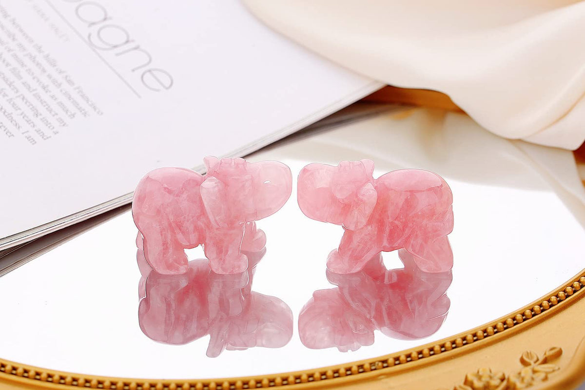 Rose Quartz Elephant Decor Pink Crystals Healing Stones Pocket Figurine Natural Crystal Statue Hand Carved Sculpture Cute Gemstone Energy Home Office Valentine's Day Desk Decoration Gifts for Women