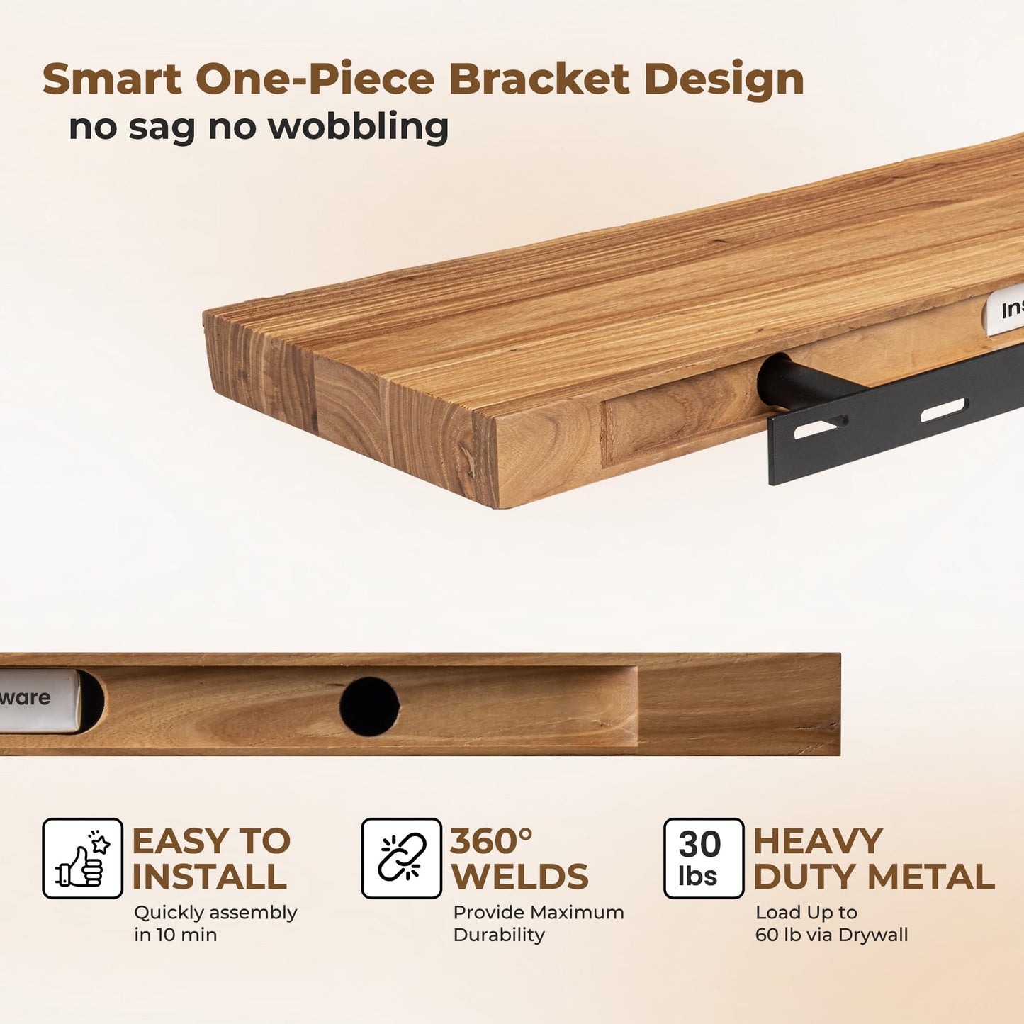 Axeman 36 inch Floating Shelves for Wall - 8'' D Live Edge Rustic Solid Elm Wood Floating Shelves Wall Mounted, Wall Shelves with Invisible Bracket for Living Room Bedroom Kitchen, Set of 2 Natural