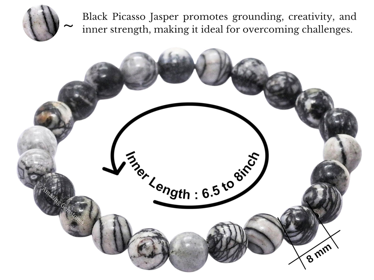 Amazing Gemstone Black Picasso Jasper Bracelet for Women Men's Gifts - Protection Healing Crystal Bracelet - 8mm Gemstone Beaded Stretchable Bracelet Pulseras Para Hombres Mujer Stocking Stuffers Mothers Day Gift