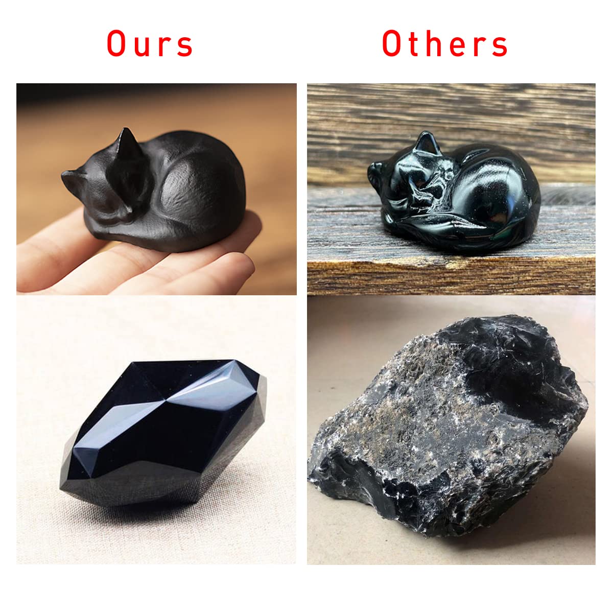 OwMell Tiny Sleeping Cat Statue Hand-Carved Healing Stone Gemstone Little Kitten Statue Figurine 2" - Black Obsidian