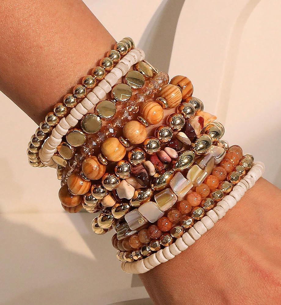 iF YOU 12 Pcs Boho Beaded Bracelets for Women, Brown Bohemian Stackable Gold Bead Stretch Bracelets Stack Beach Jewelry Gift (Brown-12 pcs)