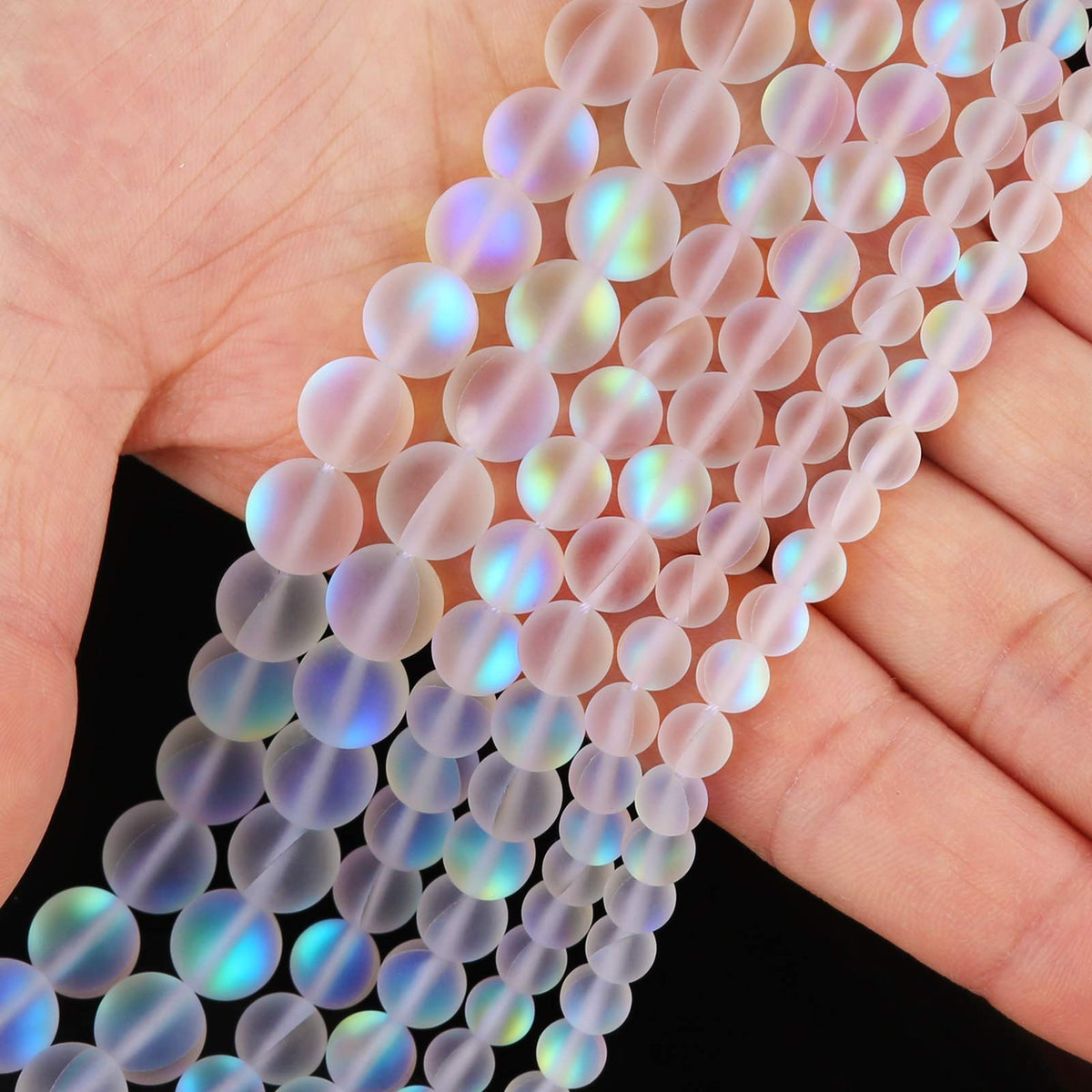 Matte White Aurora Crystal Glass Beads, 8MM Frosted Glitter Shining Mermaid Round Loose Beads, Rainbow Holographic Synthetic Moonstone for Jewelry Making DIY Bracelet