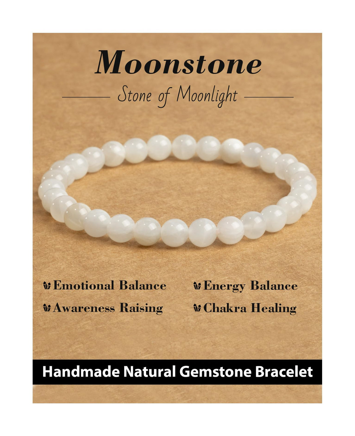 Landorilo Beaded Bracelet for Men Women, 6mm Natural Stone Moonstone Healing Crystal Stretch Bracelets, Ideal Christmas Birthday Jewelry Gifts with Energy Card，Replacement Beads Included