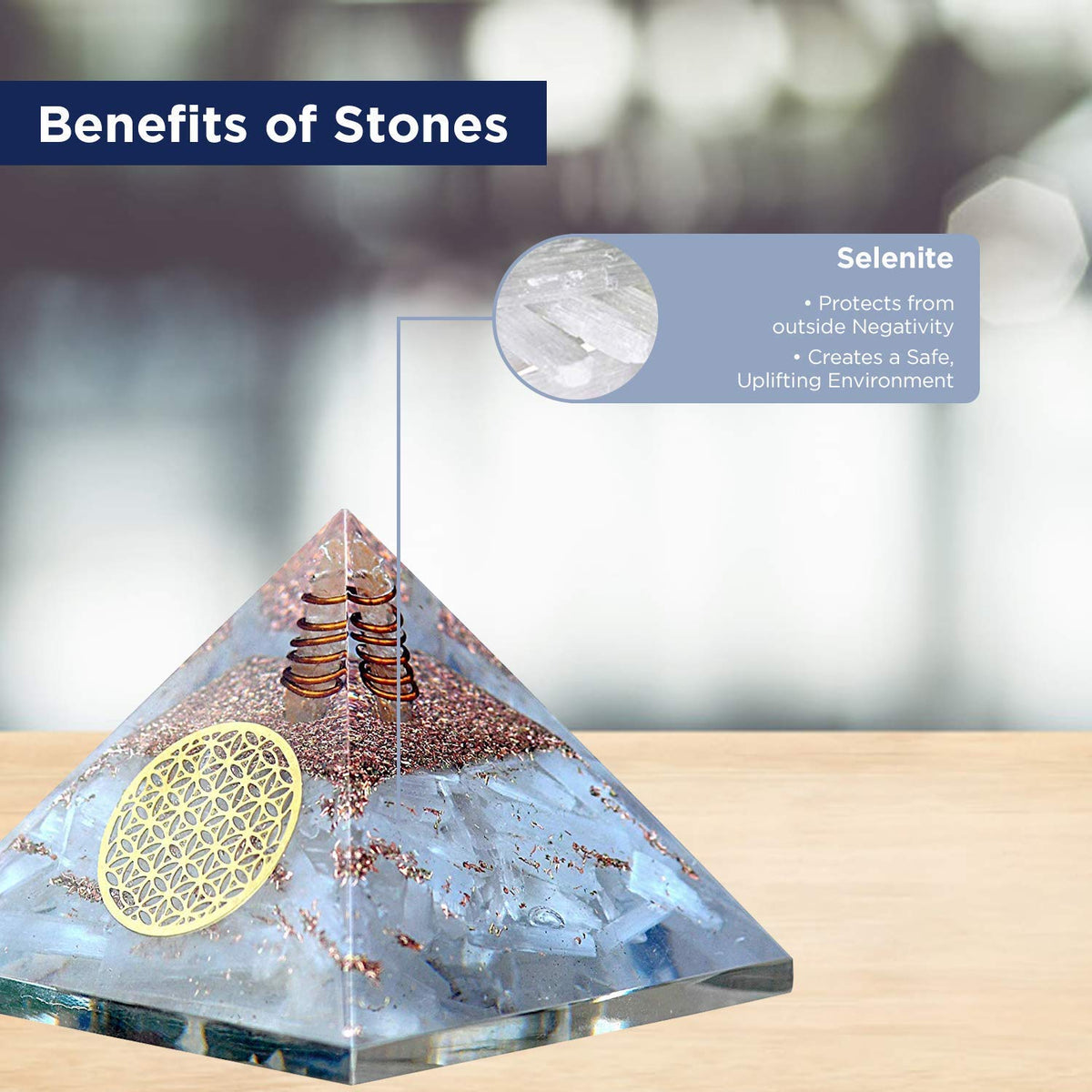 Orgone Selenite Crystal Pyramid with Flower of Life –for Chakra Healing and Spiritual Protection from E-emission and Negative Energy