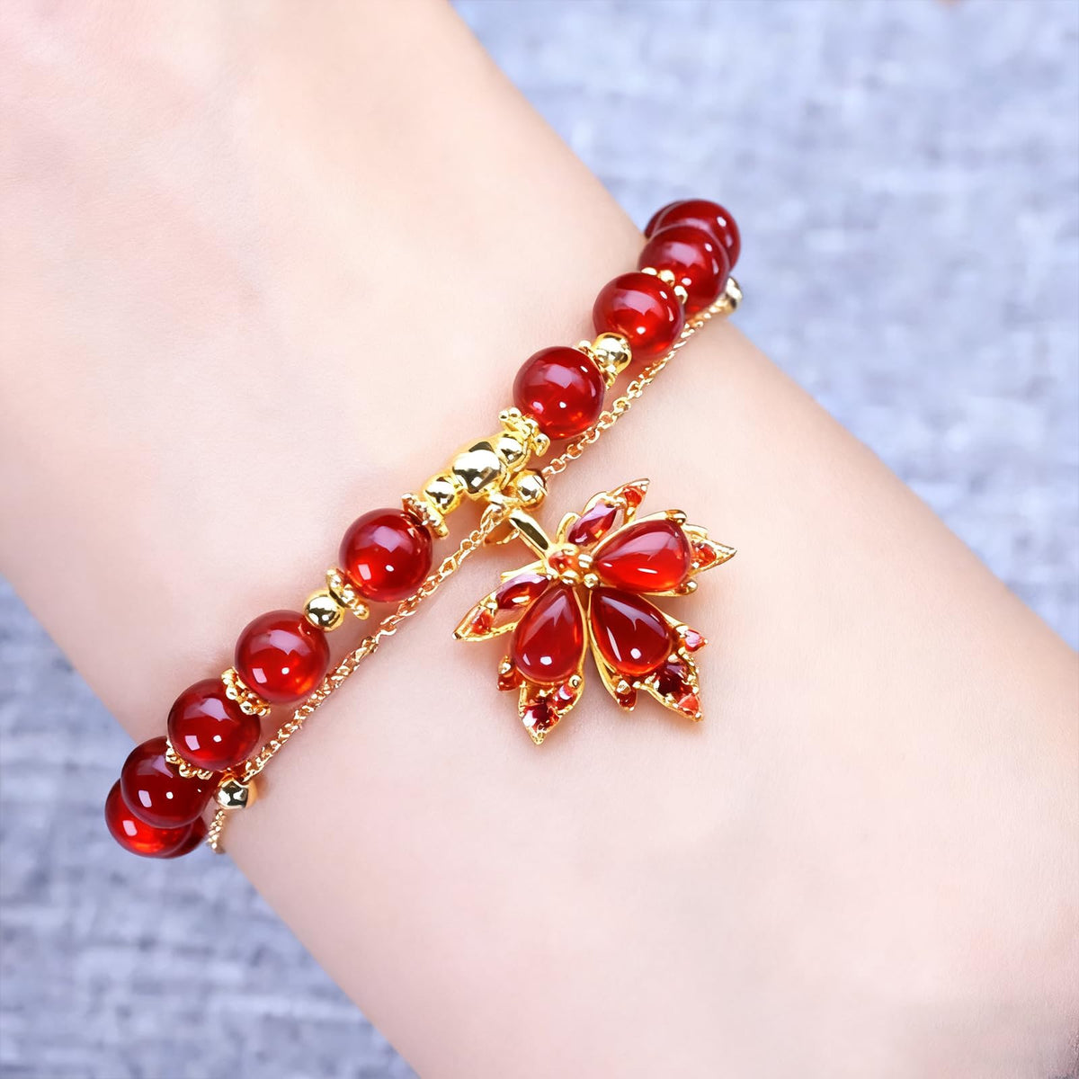 XIAOMOJEW Jade Beaded Bracelets for Women Fall Maple Pendant Bangle Bracelets Chinese Style Bangle Lucky Boho Jewelry (Red Maple)