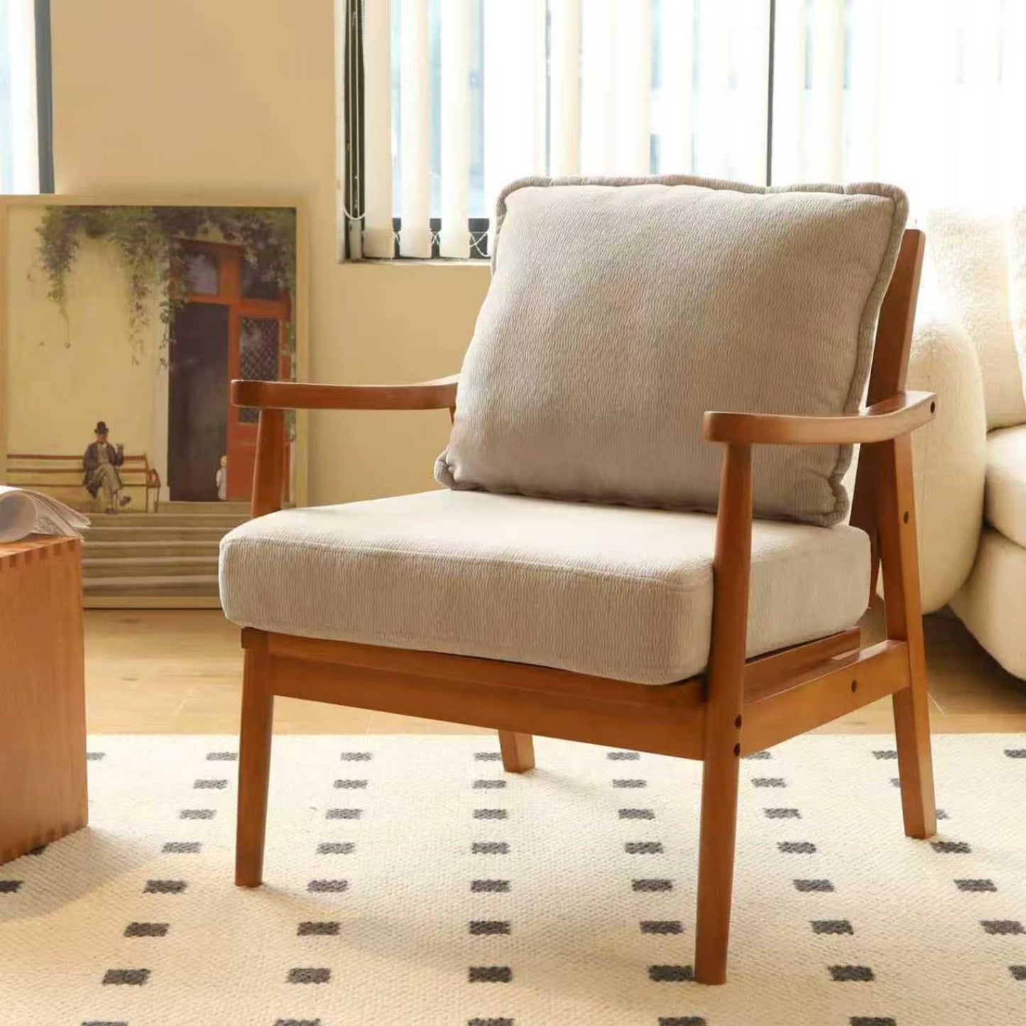KEIKI Solid Wood Accent Club Chair with Soft Flannel Upholstered Cushion, Mid-Century Modern Style Reading Sofa Chair, Comfy Cozy Lounge Lazy Seating Chair for Living Room, Apartment, Balcony, Office