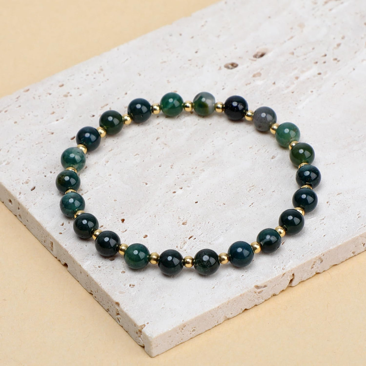 QOGIR Moss Agate - Stone of Optimistic - 14K Gold Plated Beads Natural Gemstone Stretch Elastic Dainty Healing Beaded Bracelets Gifts 6mm