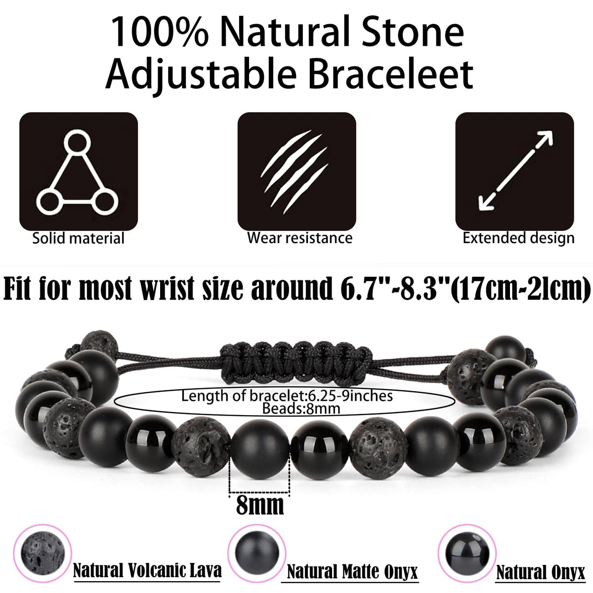 QOGIR Handmade Healing Bracelets,8mm Natural Black Onyx Black Lava Beaded Bracelet,for Men Women Gifts with 2PCS Size Adjustable Rope Bracelets