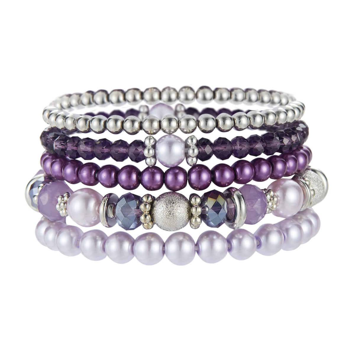 Noessla Beaded Pearl Stretch Bracelet Silver Stackable Crystal Beads Bracelets Trendy Costume Jewelry Mothers Day Gifts for Women(Purple)