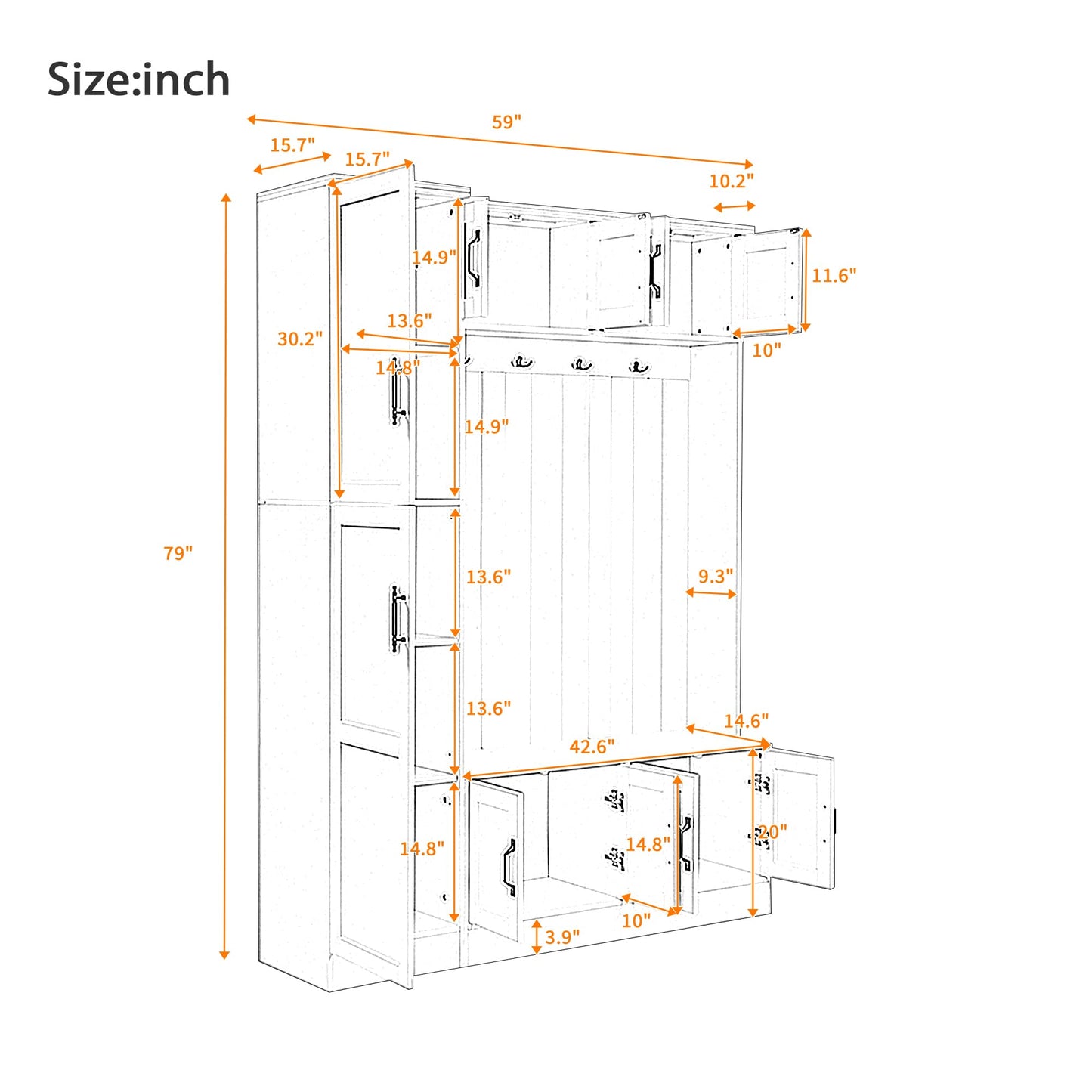 Amposei 79’’ Tall Hall Tree with Storage Bench & Coat Rack Modern Entryway Organizer Cabinet with Doors, Hooks & Adjustable Shelf for Hallway Living Room Furniture, White
