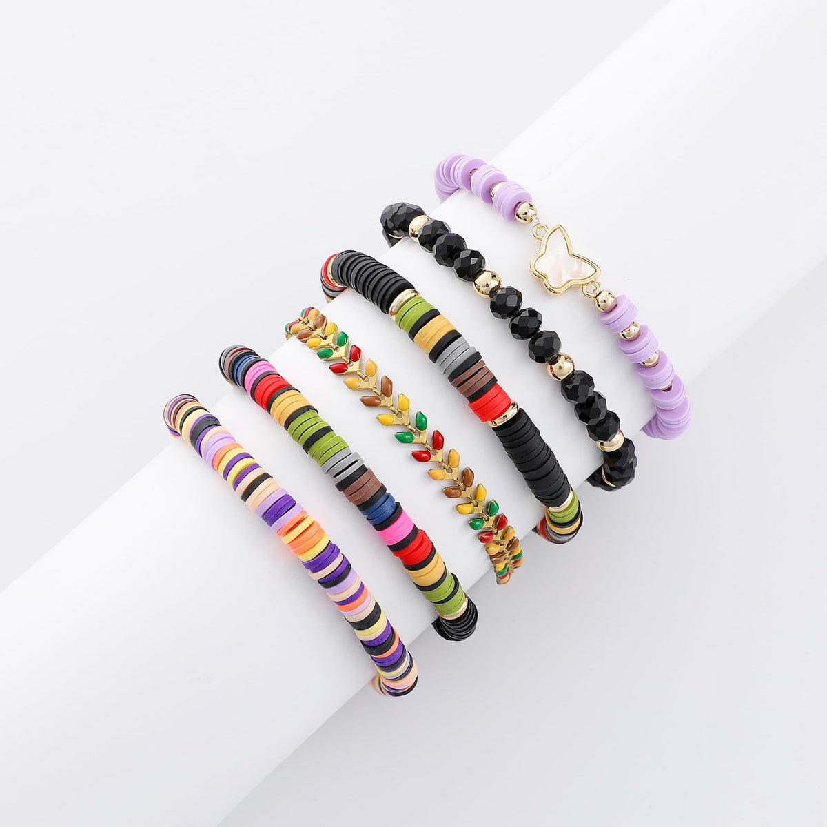 RISHEGAE Heishi Beaded Stretch Bracelets for Women Stackable Gold Polymer Clay Beads Bracelets Friendship Boho Summer Beach Bracelet Jewelry Set (A-Black Butterfly)