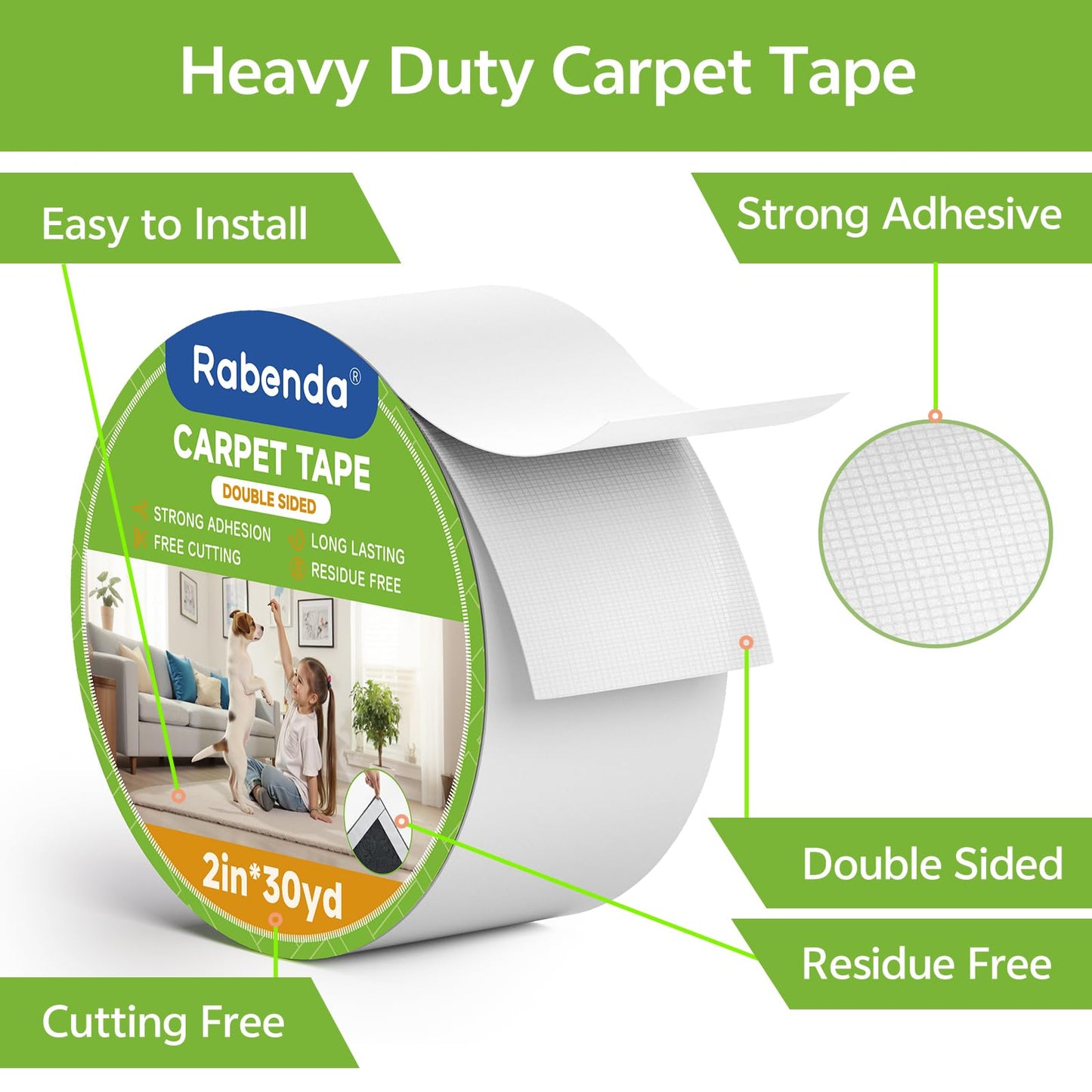 Rabenda Double Sided Carpet Tape - 2 Inch x 30 Yards Removable Rug Tape for Hardwood Floors, Tile & Laminate - No Residue Strong Hold Anti Slip Gripper for Area Rugs, Mats & Carpets