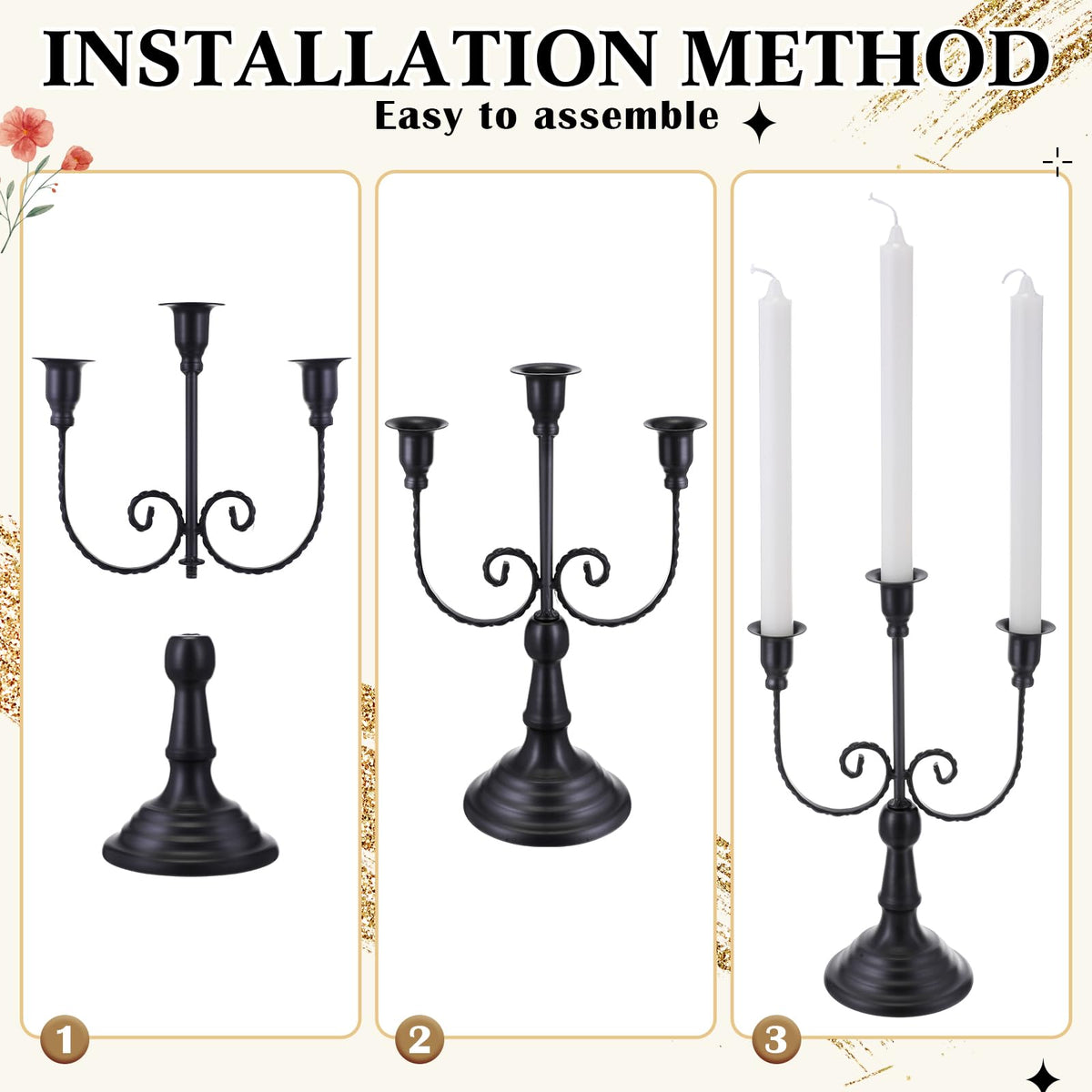 Dandat 3 Pcs 3 Arm Metal Candelabra Candlestick Holders Tall Candlestick Holders Gothic Candle Holder for Home Wedding Church Christmas Party(Retro,11.8 Inch,Black)