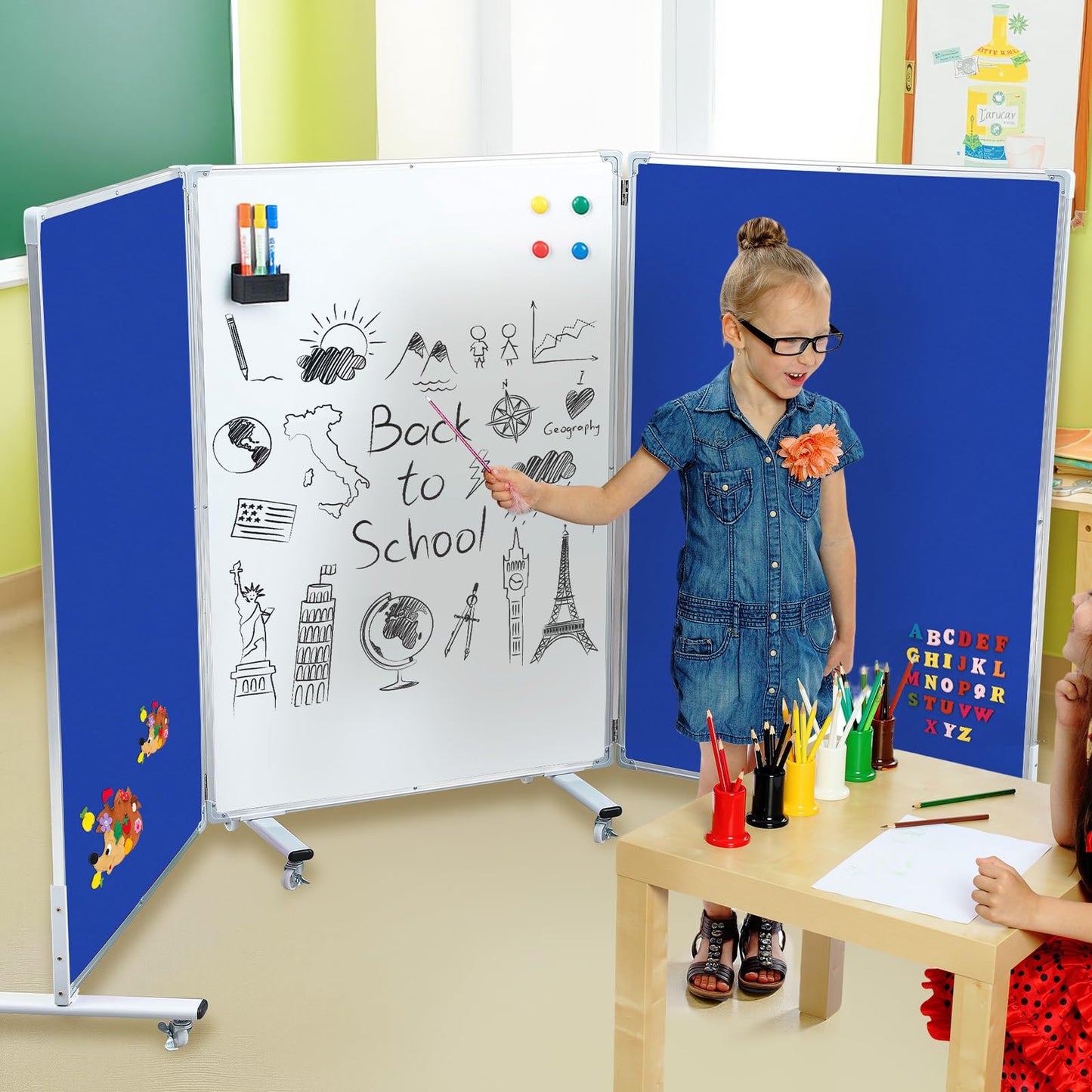 AmazingSpark Set of 3 Classroom Dividers for Room Separation, 4 x 8 ft Short Play Panels for Room Divider, Double-Sided Magnetic Dry Erase Board and Felt Board for Preschool(Blue White)