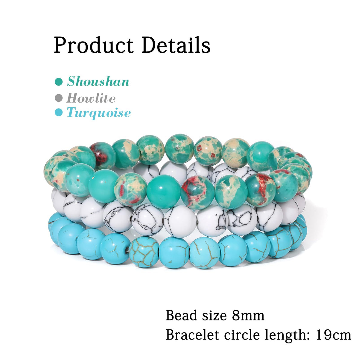Risyfjew 3 PCS Turquoise Healing Crystal Bracelets Women 8mm Natural Stone Beaded Stretch Bracelet Turquoise Jewelry Gifts