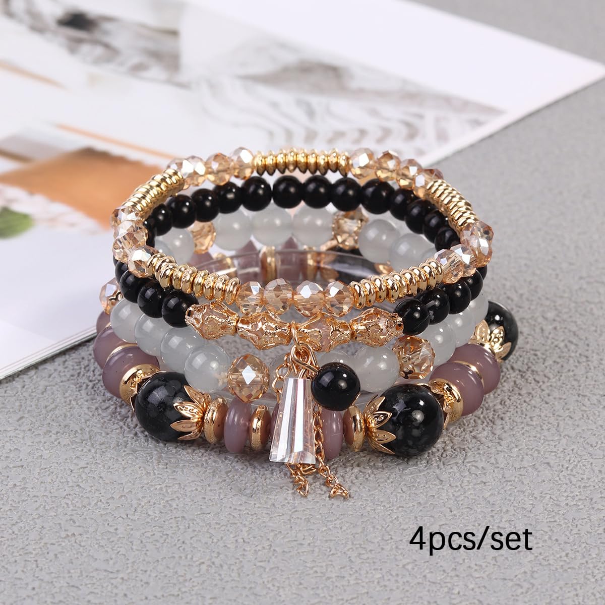 LOTSOF Bohemian Green Jade Stackable Bracelet Set - 4-Layer Stretch Beaded Bracelets with Gold Accents, Boho Jewelry for Women, Fashion Statement Accessory (Gift Ready) (Black)