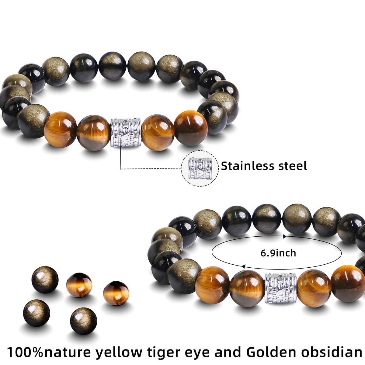 Tiger Eye Obsidian Beaded Bracelets For Men Gemstone Bracelets For Men &Women Fashion Natural Stone Men‘s Jewelry (black gold& yellow)