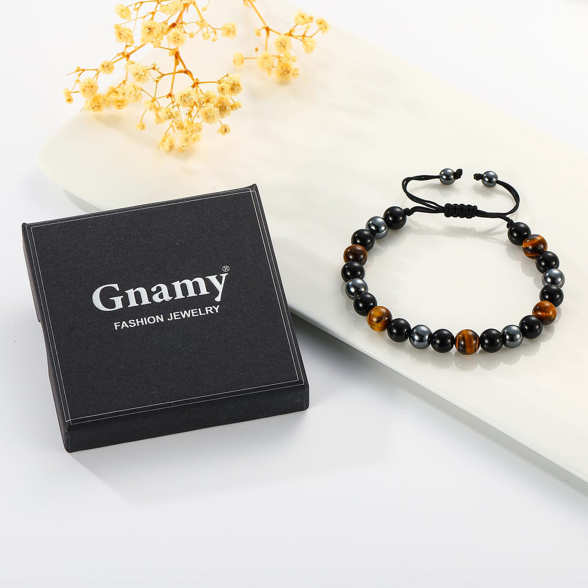 Gnamy Triple Protection Beaded Bracelet Gifts for Men, Adjustable Tiger Eye Black Obsidian Hematite Bracelets Christmas Birthday Valentines Anniversary Healing Sobriety Jewelry Gifts for Husband Dad Boyfriend Brother Him
