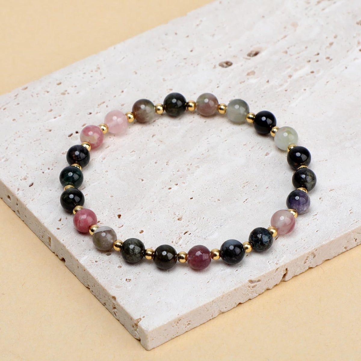 QOGIR Multicolor Tourmaline - Stone of Inner Balance - 14K Gold Plated Beads Natural Gemstone Stretch Elastic Dainty Healing Beaded Bracelets Gifts 6mm