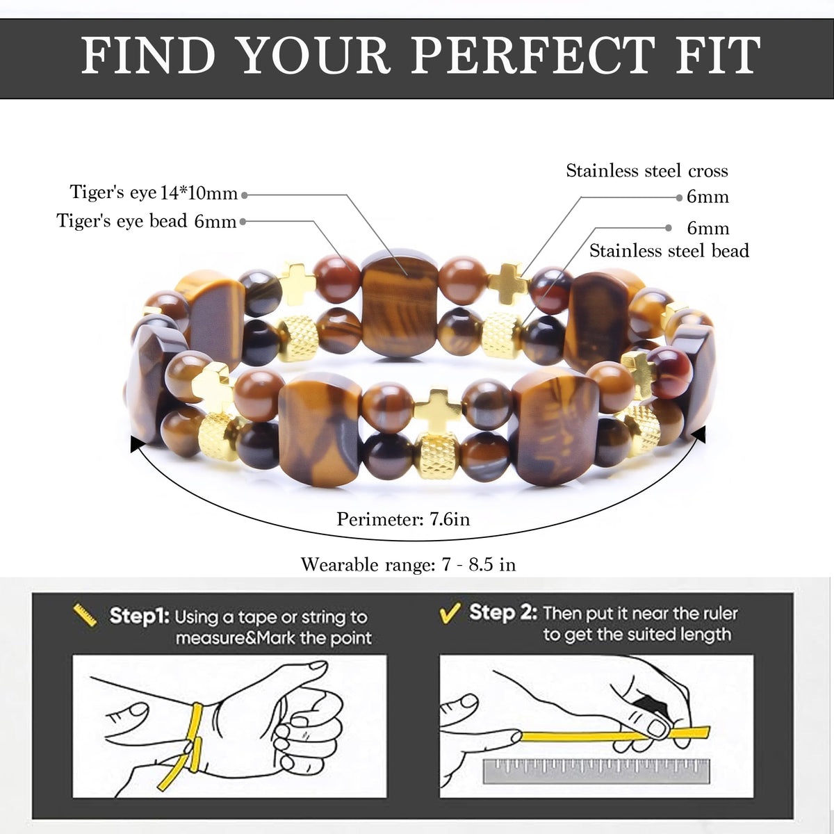 Christian Gifts for Men, Jesus Cross Bracelet for Men Handmade Double Elastic Beaded Bracelets Natural Crystal Gemstone Religious Jewelry for Boyfriend Husband Birthday Anniversary (Tigers Eye)