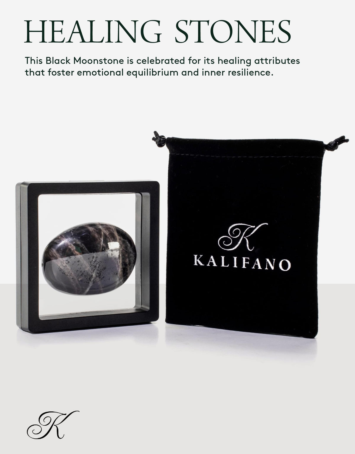 KALIFANO Palm Stone with Healing & Calming Effects - AAA+ Grade High Energy Worry Stone with Information Card - Reiki Crystal Used for Courage (Family Owned and Operated) (Black Moonstone)