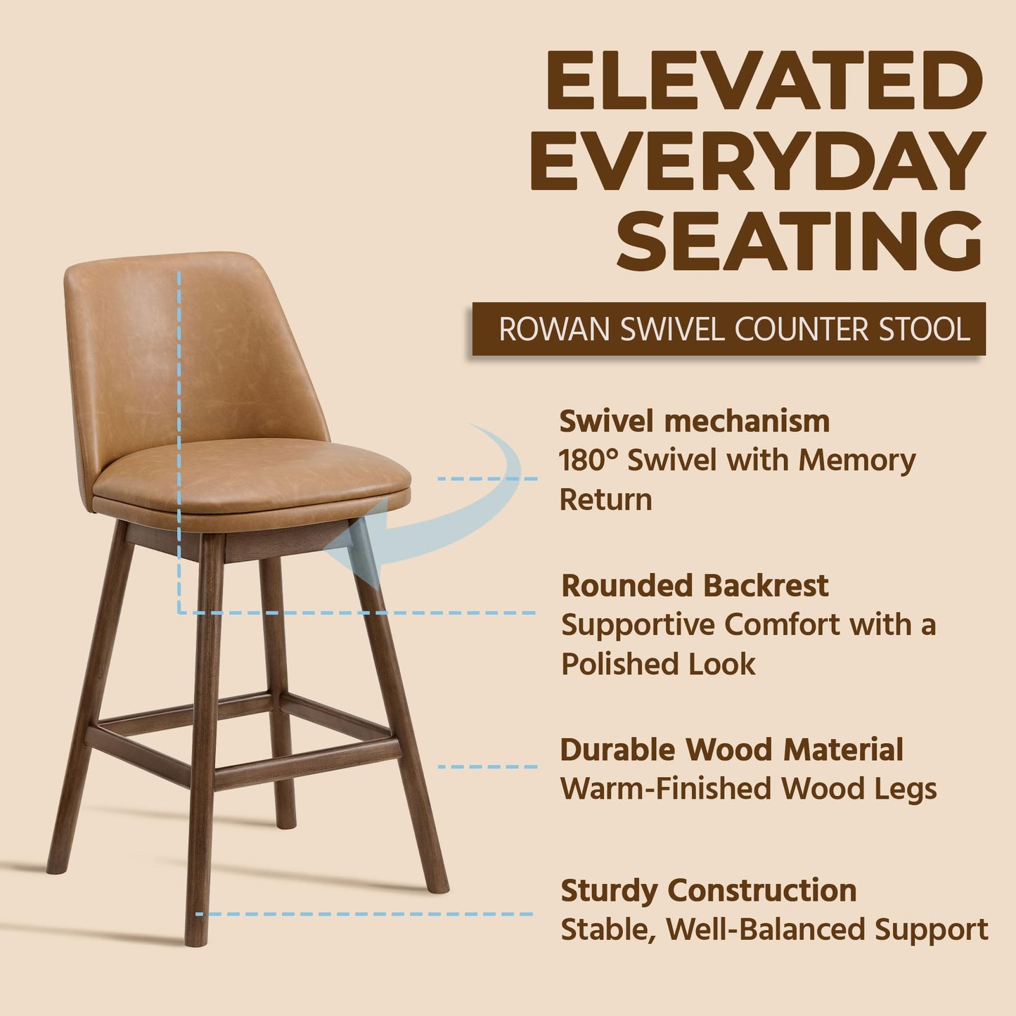 ROME + OAK Rowan 26 Inch Swivel Counter Height Stool in Walnut Finish with Brown Vegan Leather Upholstery Seat - Kitchen or Dining Room Furniture