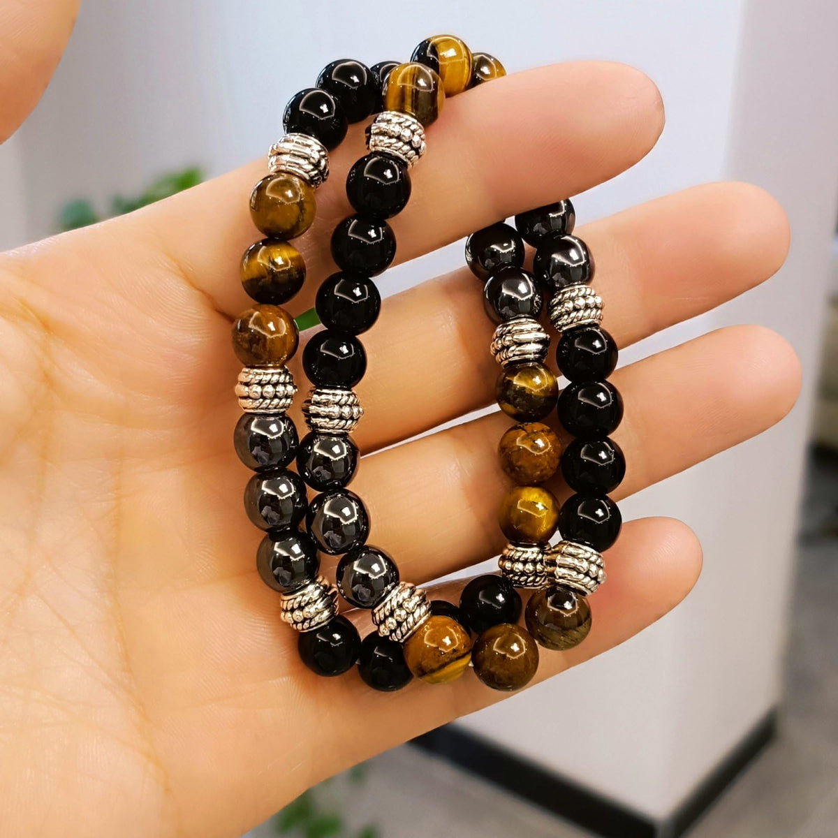 WEFRIN Triple Protection Bracelet for Bring Luck and Prosperity Hematite Black Obsidian Tiger Eye Stone Bracelets for Men Women, Beaded Buddha Healing Rope Uni Bracelet (2pcs)